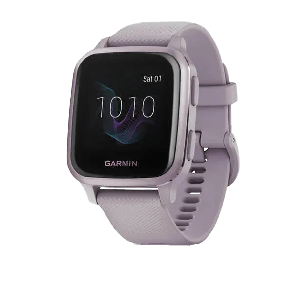Garmin Venu Sq smartwatch, Orchid color with metallic orchid bezel and lavender silicone strap, compact square display