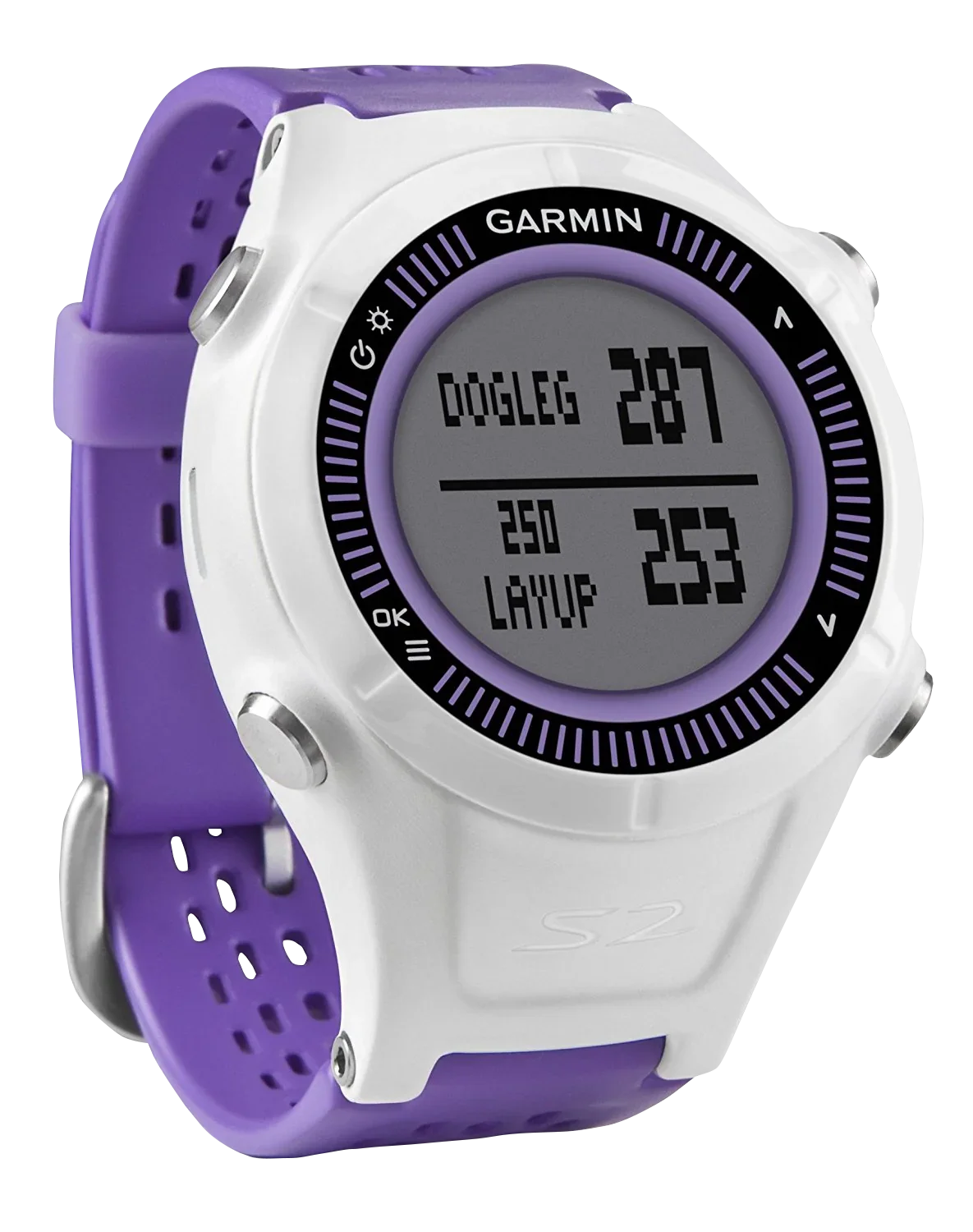 Garmin Approach S2 golf GPS smartwatch, purple strap with white bezel, refurbished