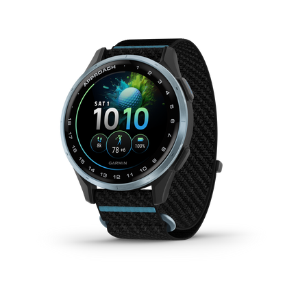 Garmin Approach J1 Golf GPS smartwatch with cloud blue aluminum bezel and black ComfortFit band