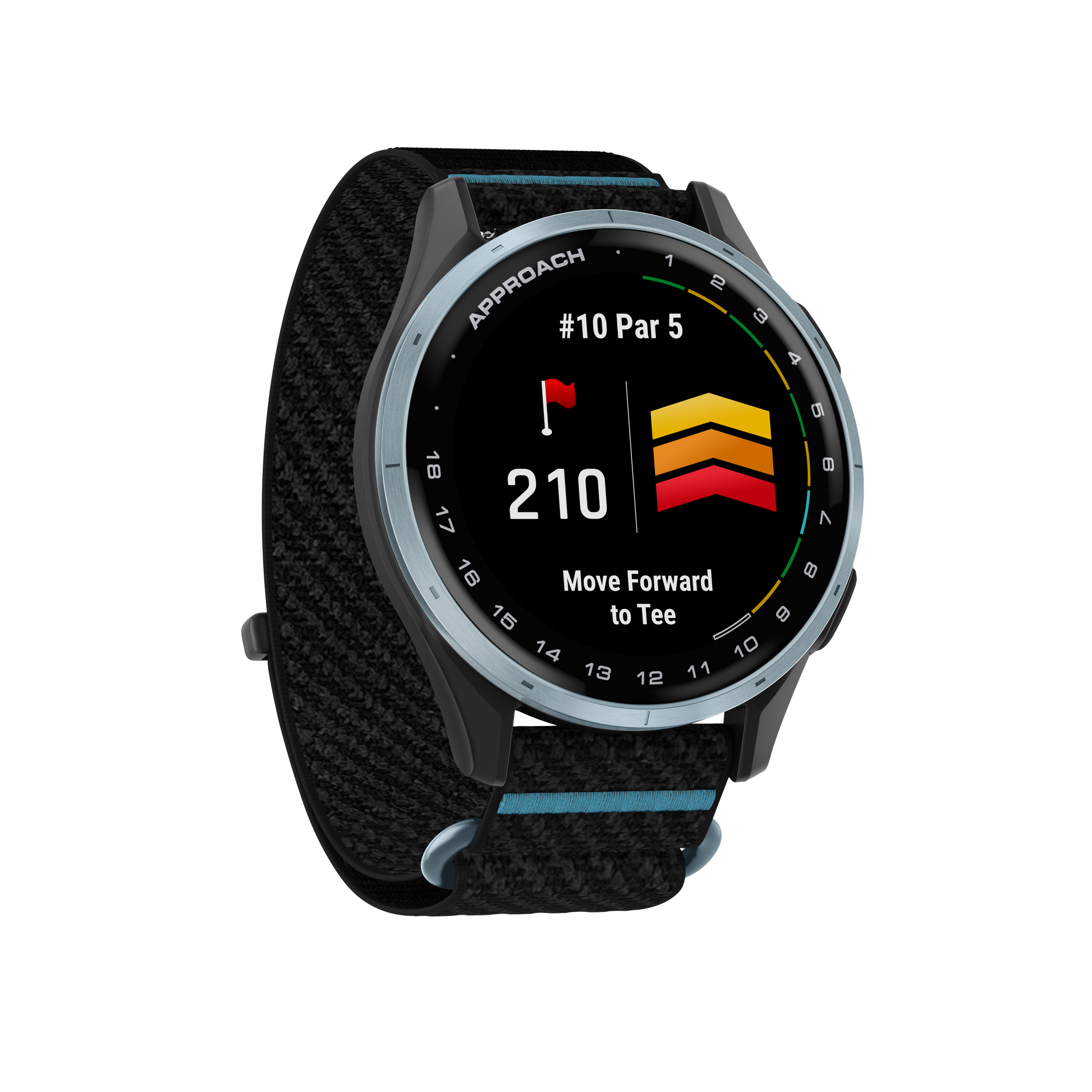 Garmin Approach J1 golf GPS smartwatch with cloud blue aluminum bezel and black ComfortFit band.