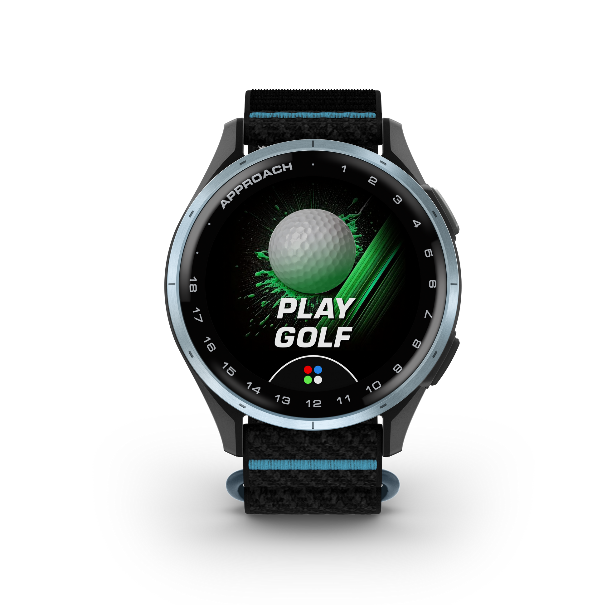 Garmin Approach J1 golf GPS smartwatch with cloud blue aluminum bezel and black ComfortFit strap