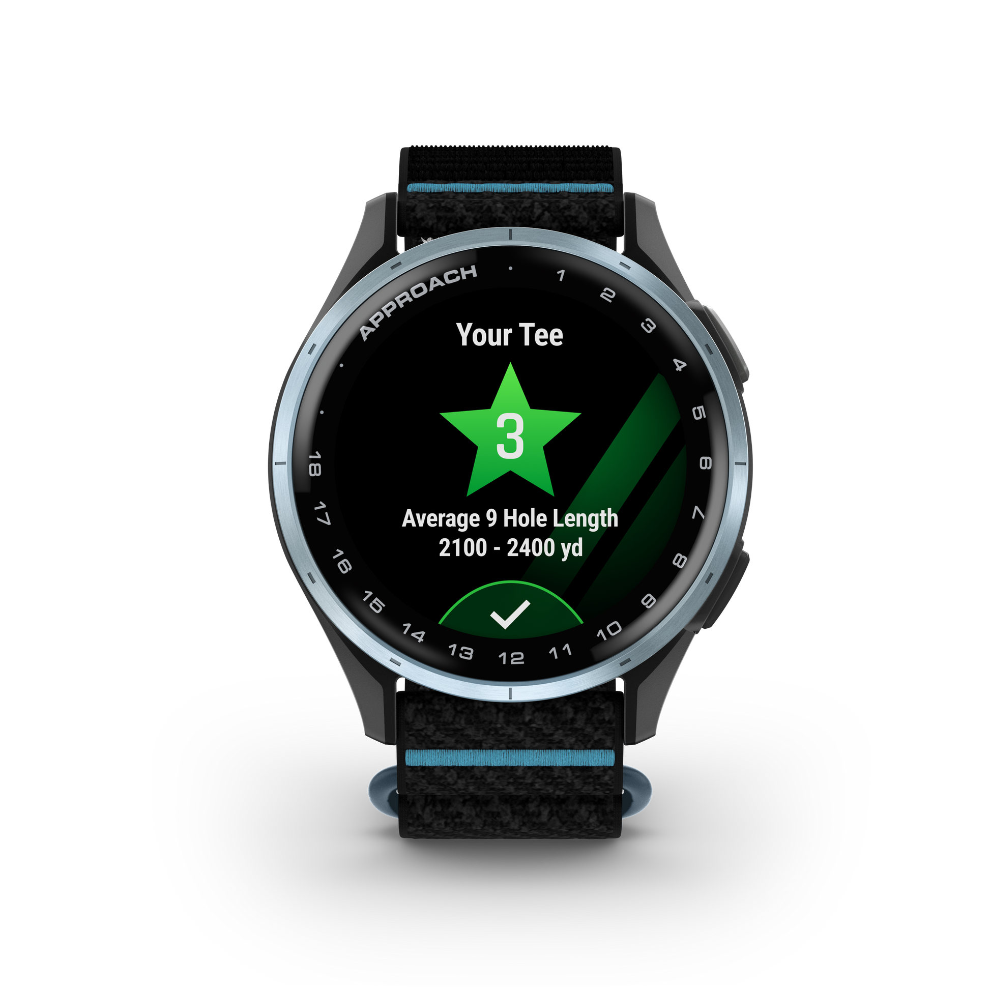 Garmin Approach J1 golf GPS smartwatch with cloud blue aluminum bezel and black ComfortFit band