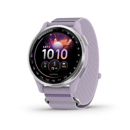 Garmin Approach J1 Junior GPS smartwatch with silver aluminum bezel and lilac ComfortFit band.
