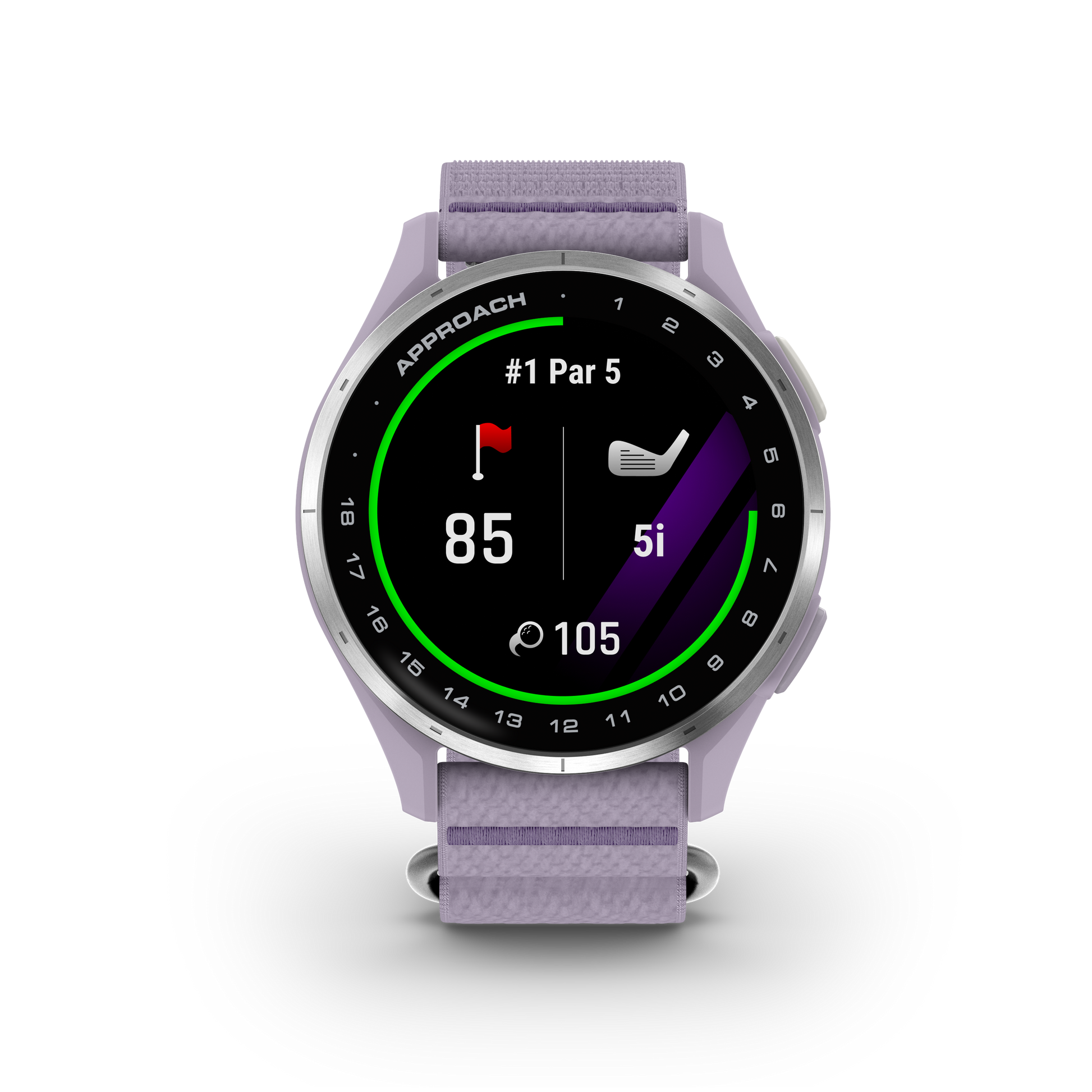 Garmin Approach J1 Junior GPS smartwatch with silver aluminum bezel and lilac ComfortFit band
