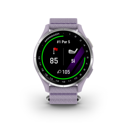 Garmin Approach J1 Junior GPS smartwatch with silver aluminum bezel and lilac ComfortFit band