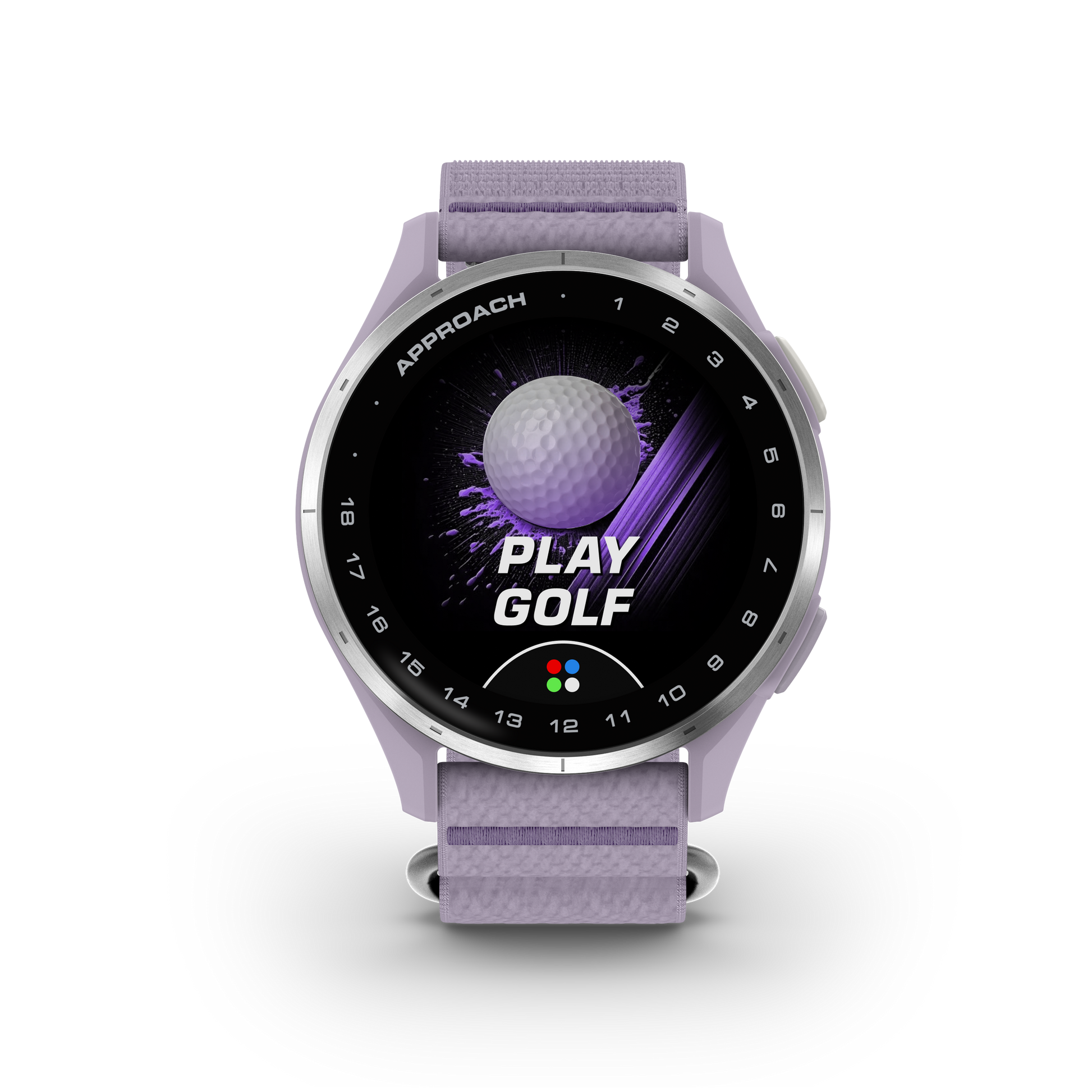 Garmin Approach J1 Junior GPS smartwatch with silver aluminum bezel and lilac ComfortFit band