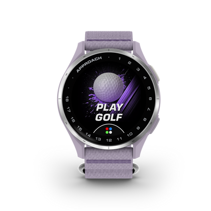 Garmin Approach J1 Junior GPS smartwatch with silver aluminum bezel and lilac ComfortFit band