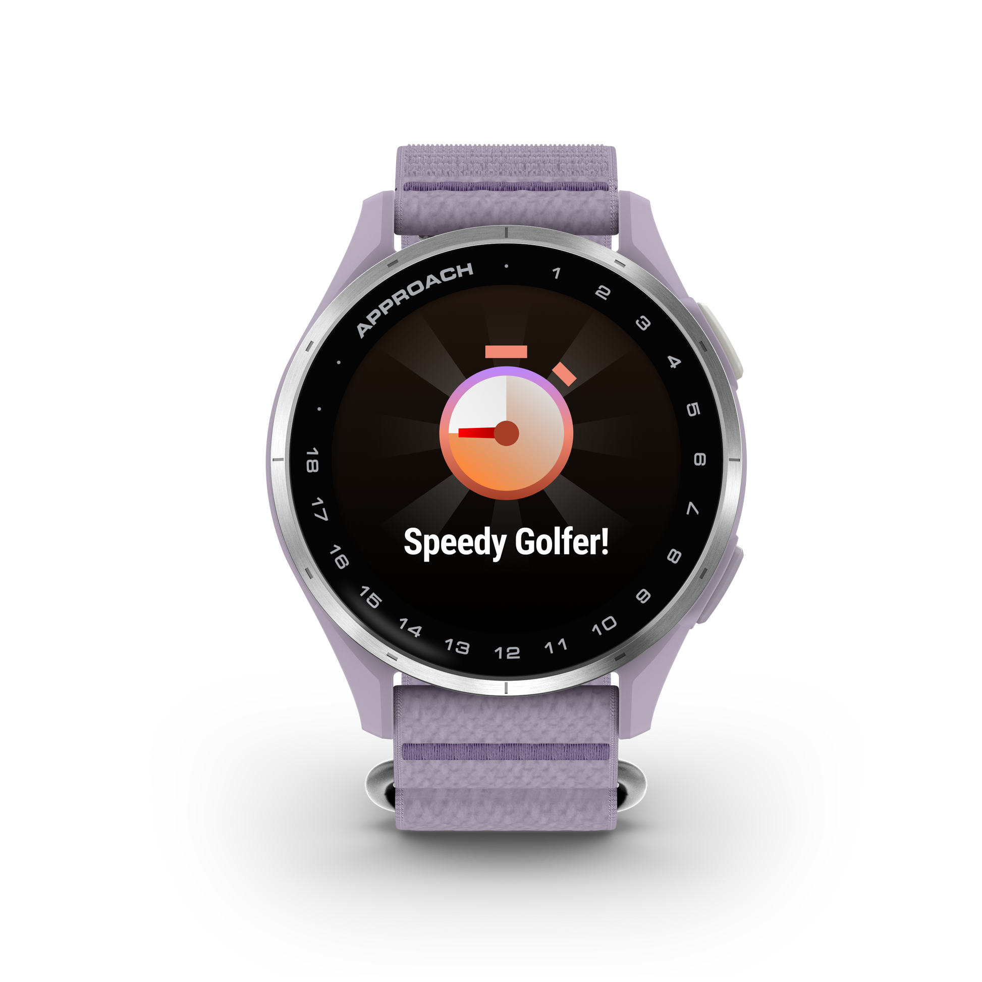 Garmin Approach J1 smartwatch with silver aluminum bezel and lilac ComfortFit band
