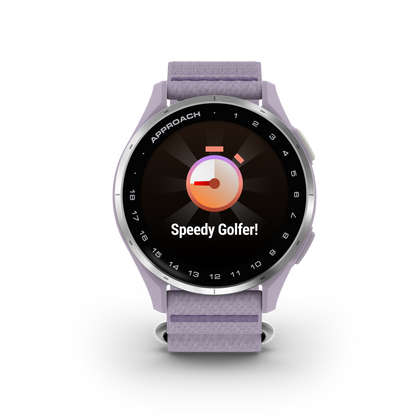 Garmin Approach J1 smartwatch with silver aluminum bezel and lilac ComfortFit band