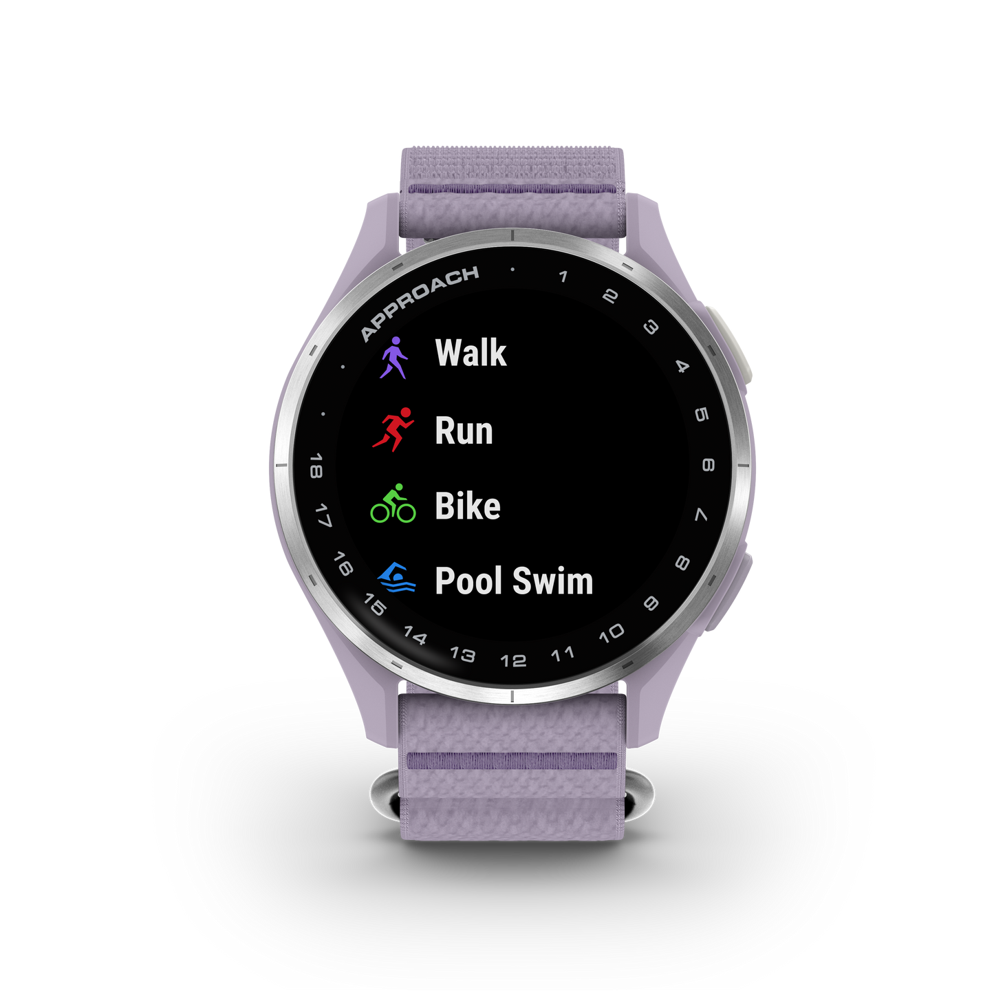 Garmin Approach J1 Junior GPS smartwatch with silver aluminum bezel and lilac ComfortFit band