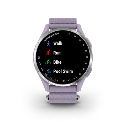 Garmin Approach J1 Junior GPS smartwatch with silver aluminum bezel and lilac ComfortFit band