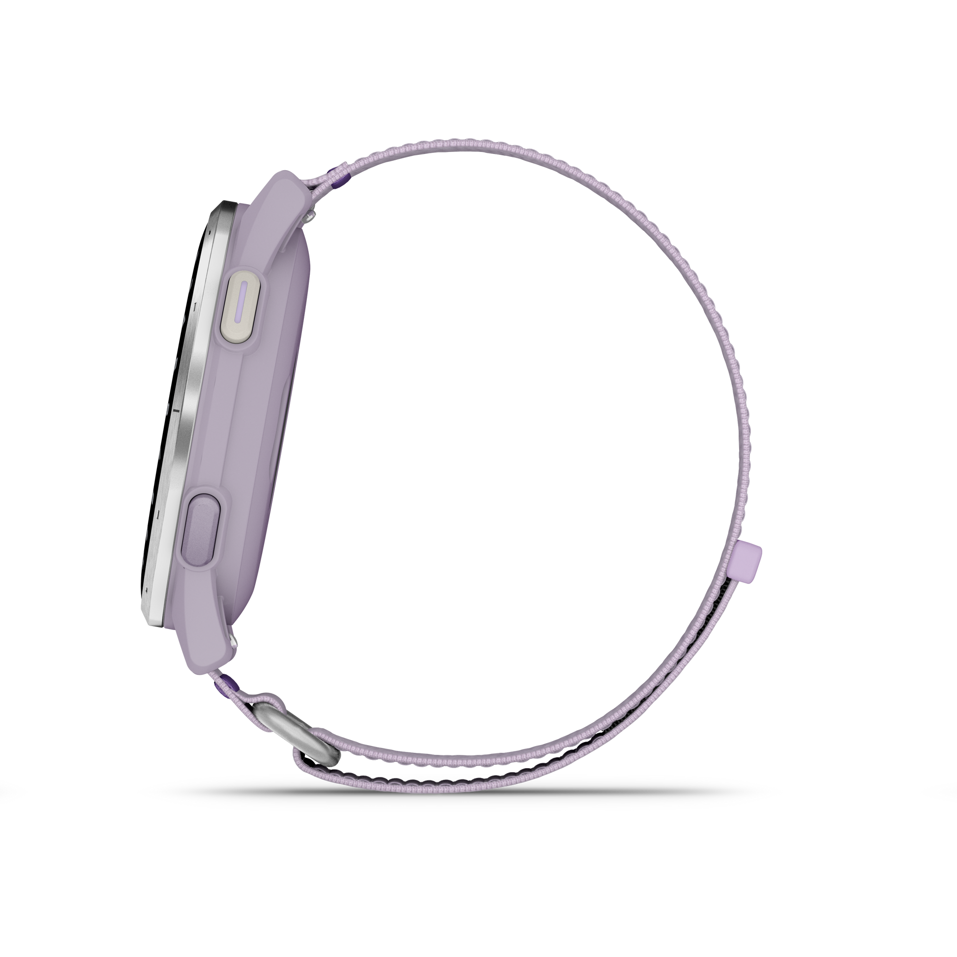 Garmin Approach J1 Junior GPS smartwatch with silver aluminum bezel and lilac ComfortFit band