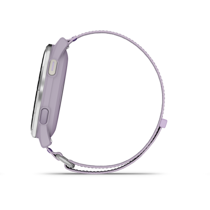 Garmin Approach J1 Junior GPS smartwatch with silver aluminum bezel and lilac ComfortFit band