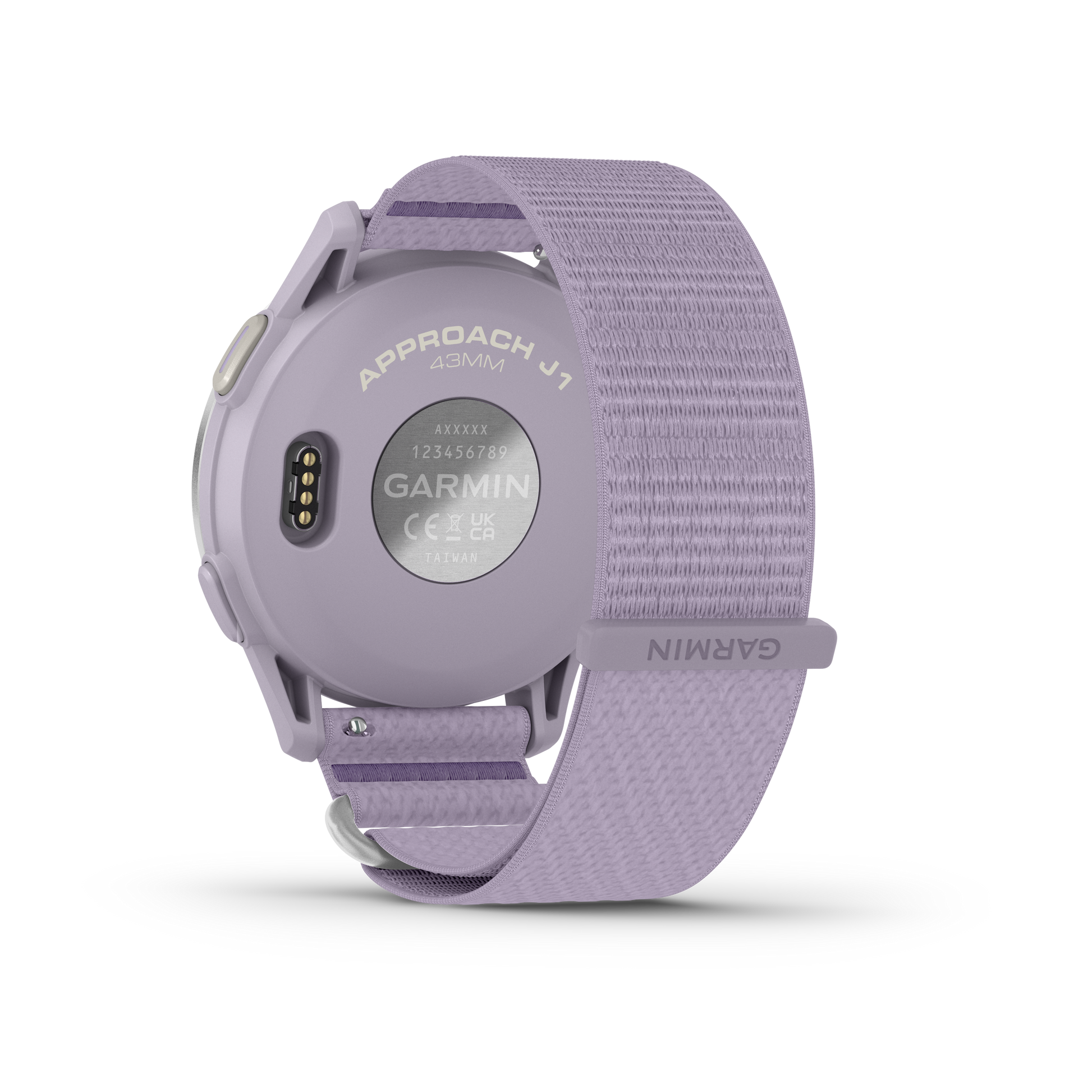 Garmin Approach J1 Junior GPS smartwatch with lilac ComfortFit band and silver aluminum bezel