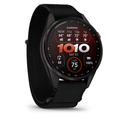 Garmin Approach S72 smartwatch 47 mm carbon gray/red with DLC titanium bezel and black ComfortFit fabric band