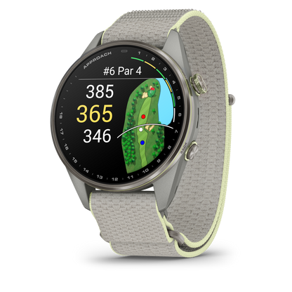 Garmin Approach S72 smartwatch, 47 mm silver/citron titanium bezel with fog gray/citron ComfortFit fabric band