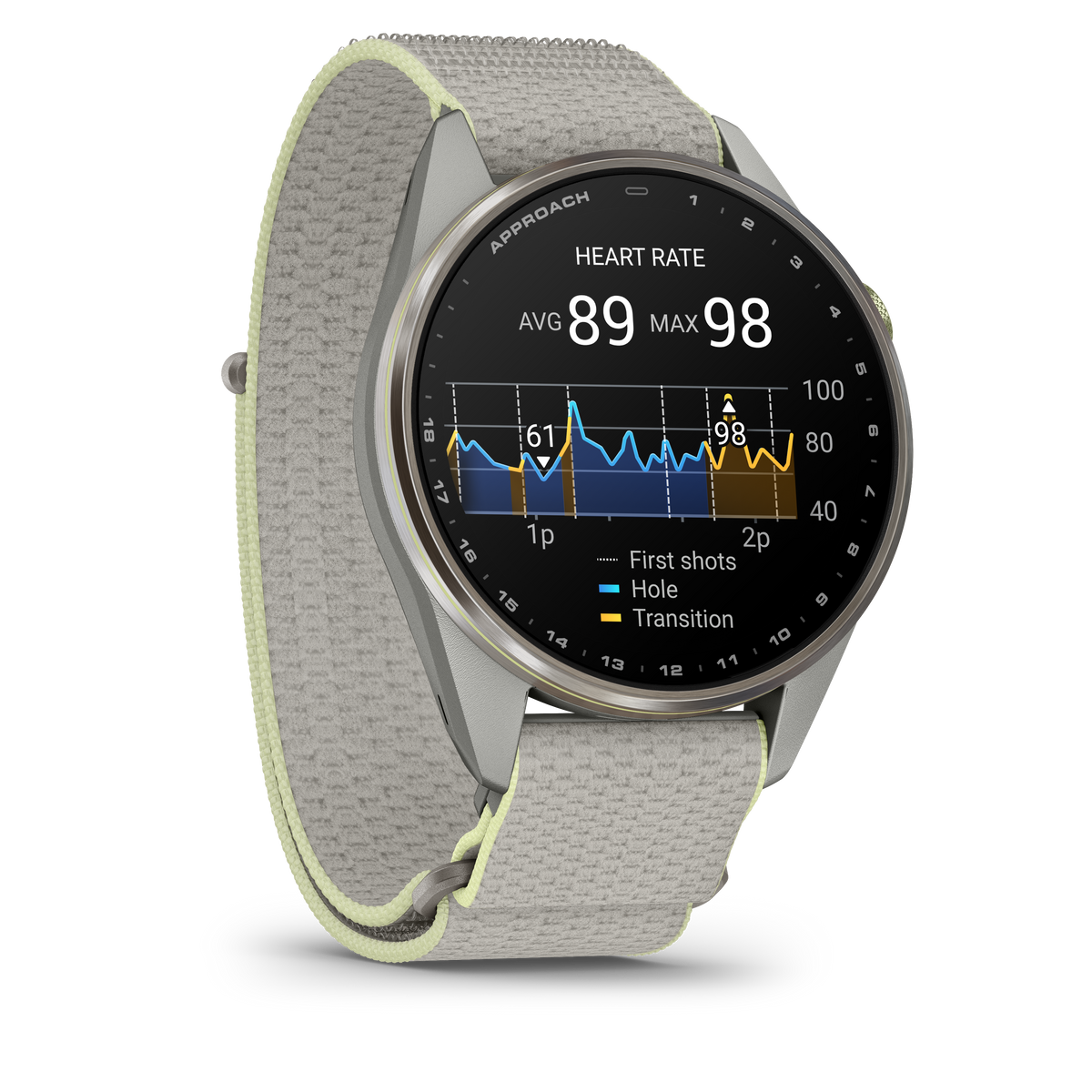 Garmin Approach S72 smartwatch, 47mm silver titanium bezel with citron accent, fog gray/citron ComfortFit fabric band