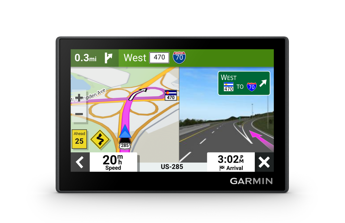 Garmin Drive 53 GPS navigation device with map screen showing West 470 and I-70 highway signs