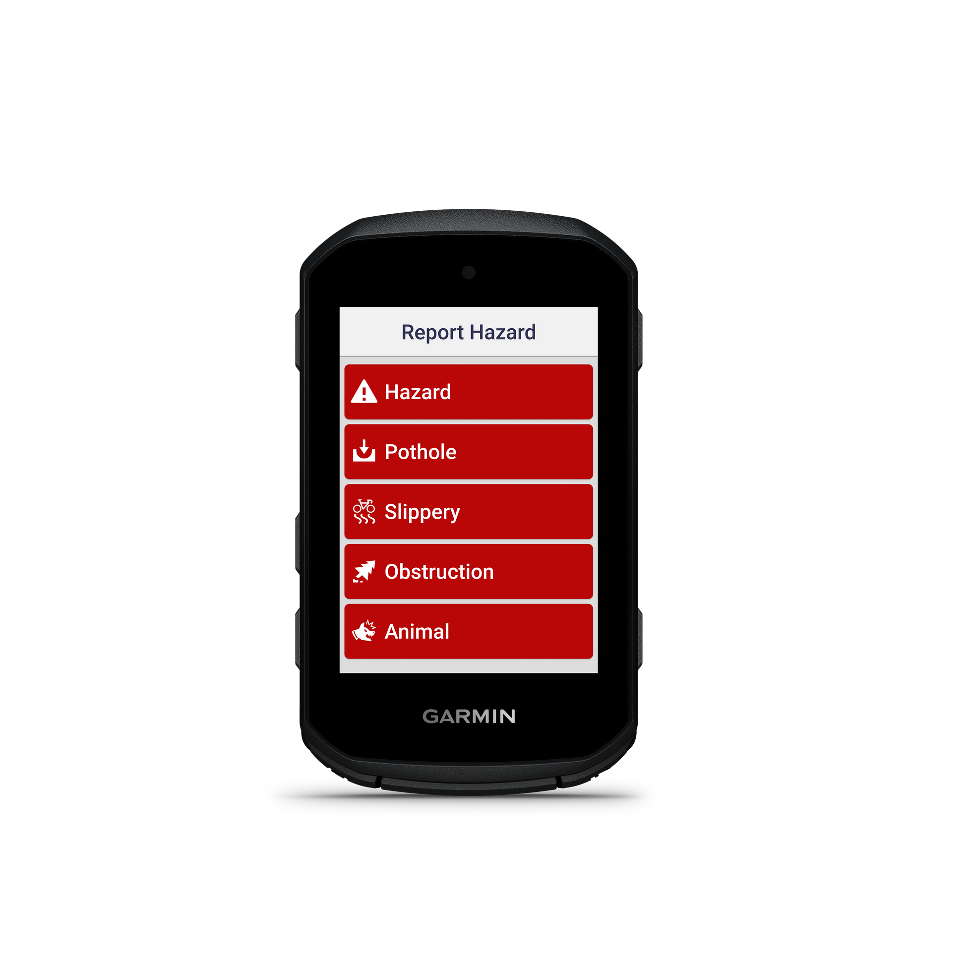 Garmin Edge 550 GPS navigation device; black handheld with screen showing a hazard list