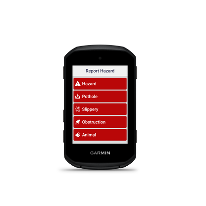 Garmin Edge 550 GPS navigation device; black handheld with screen showing a hazard list