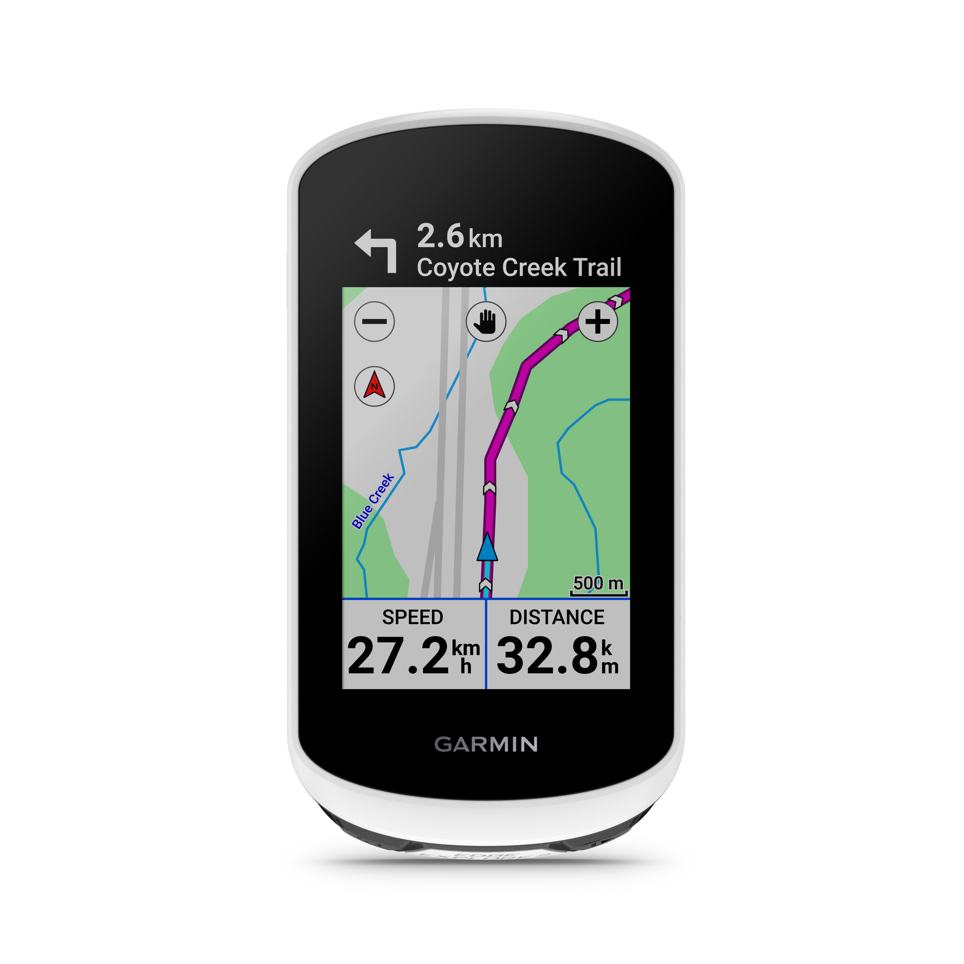 Garmin Edge Explore 2 bicycle computer with white bezel displaying turn-by-turn map and speed/distance metrics