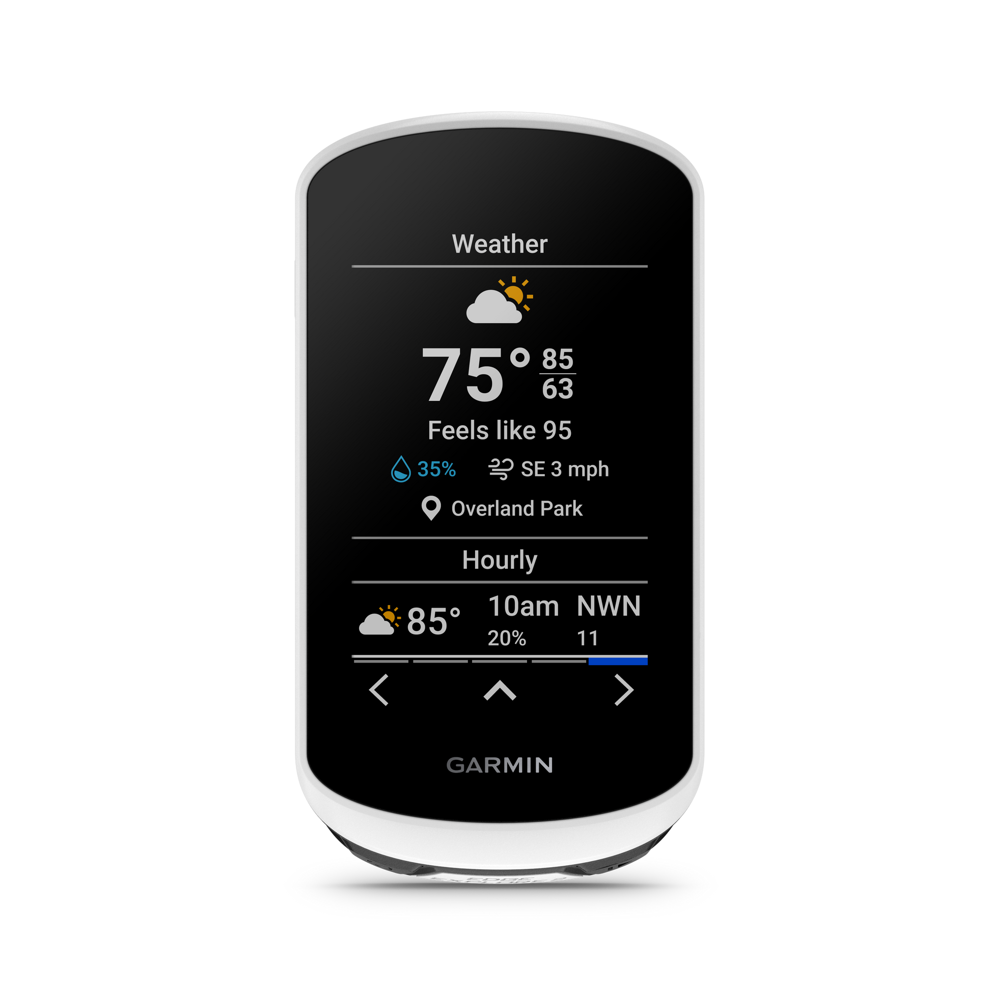 Garmin Edge Explore 2 bicycle computer with weather display on a black screen.