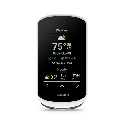 Garmin Edge Explore 2 bicycle computer with weather display on a black screen.