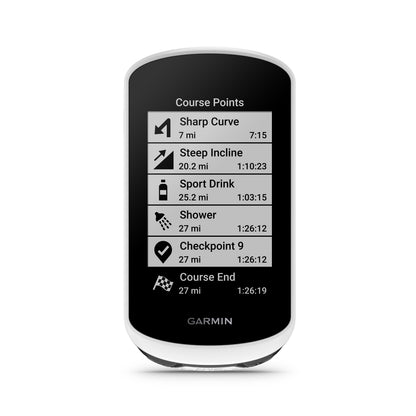Garmin Edge Explore 2 bicycle computer, white body with black screen showing course points.
