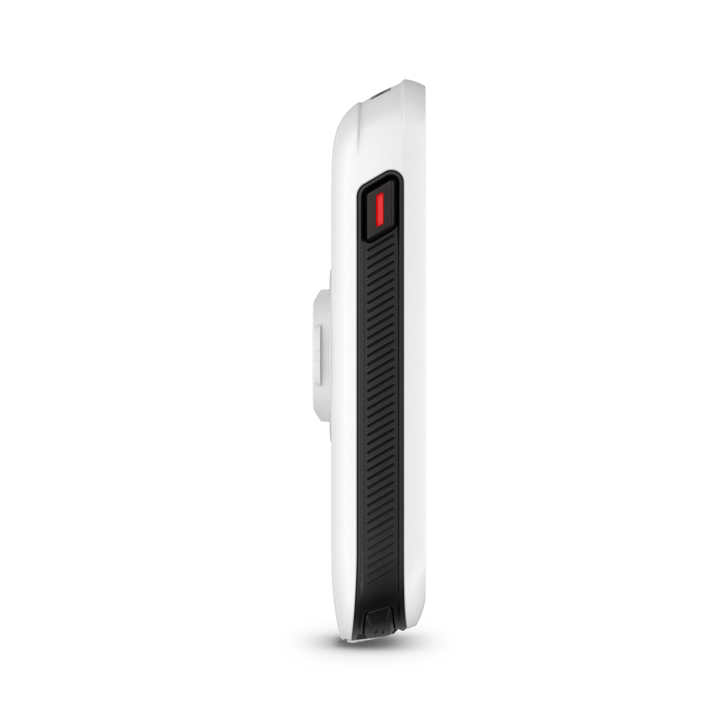 Garmin Edge Explore 2 bicycle computer, white body with black grip and red button, side view.