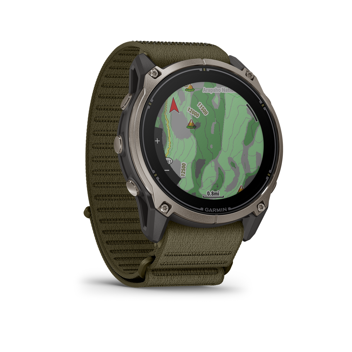 Garmin Enduro 4 smartwatch with gray/olive band and map display on round bezel.