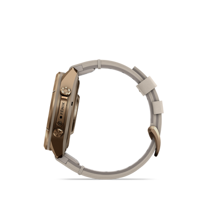 Garmin Fenix 9 Pro inReach AMOLED watch, gold titanium case with bone leather and cream/gray silicone bands