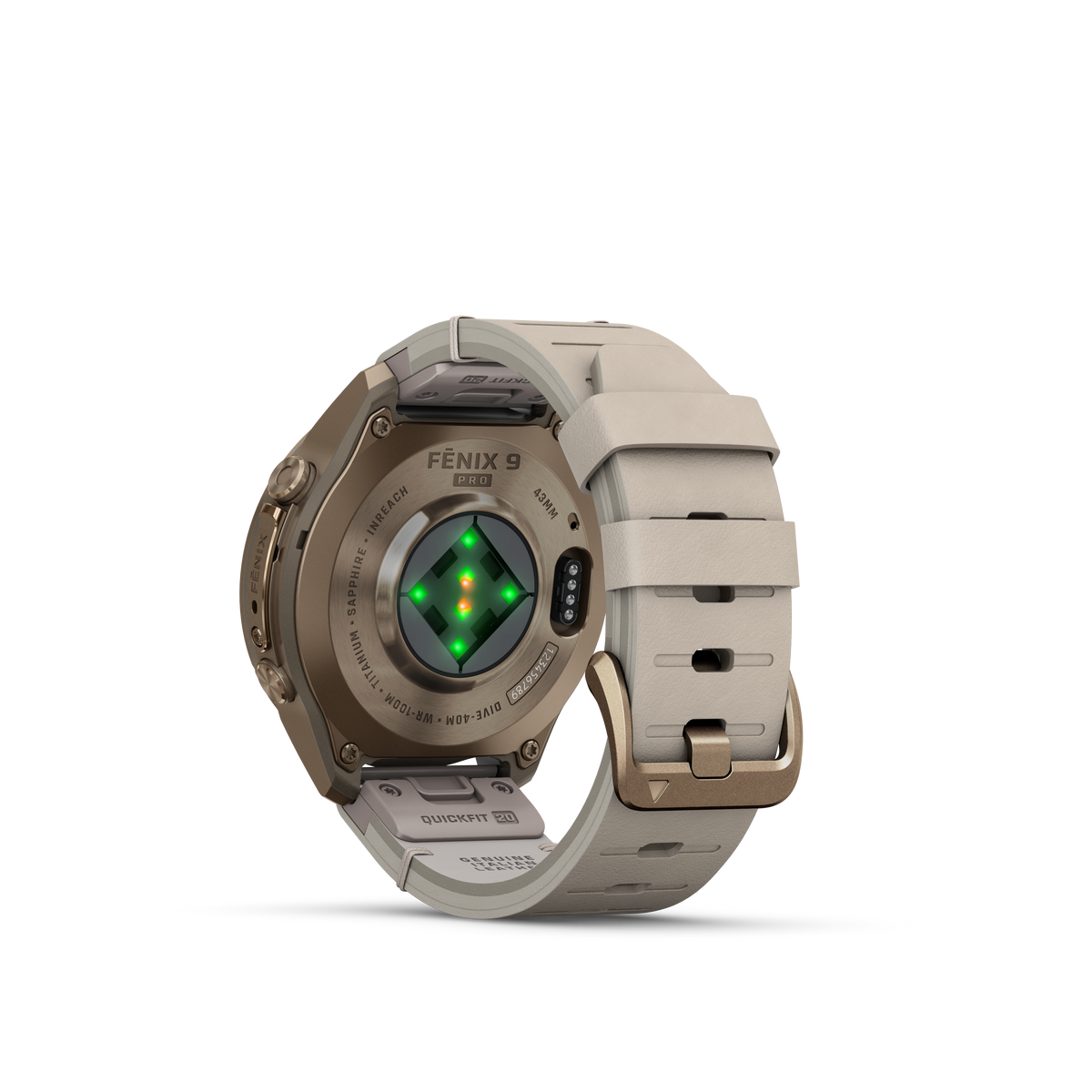 Garmin Fenix 9 Pro inReach AMOLED smartwatch, 43mm gold titanium case with bone leather and cream/gray silicone bands.