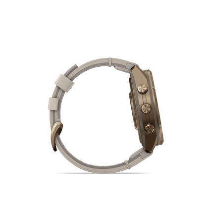 Garmin Fenix 9 Pro inReach AMOLED smartwatch, 43mm, gold titanium with bone leather and cream/gray silicone bands.