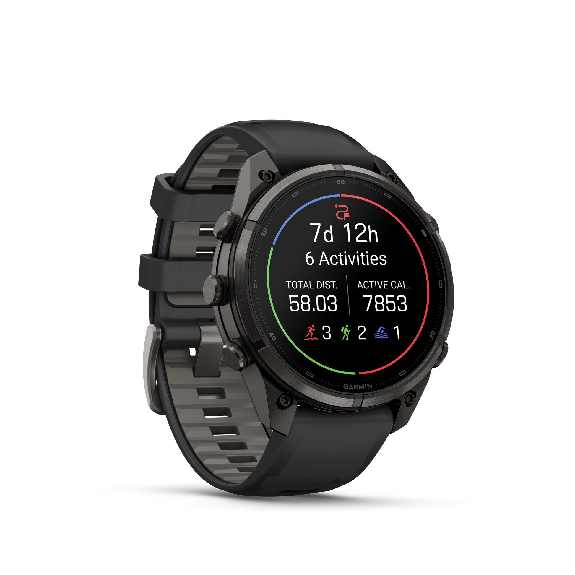 Garmin Fenix 9 Pro inReach AMOLED 47mm DLC Titanium smartwatch with black/gray silicone band.