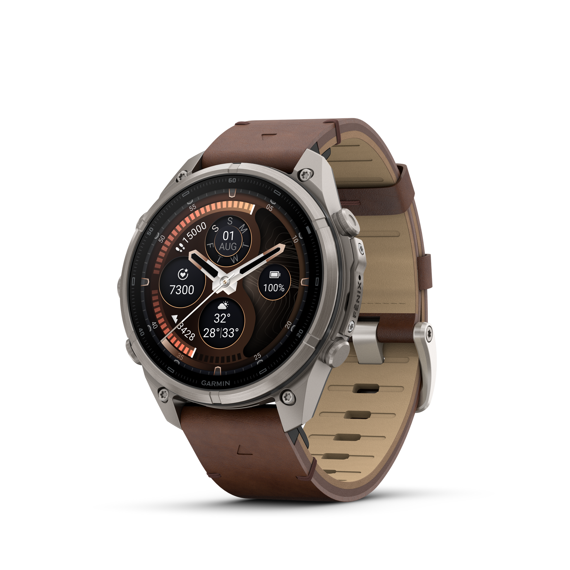 Garmin Fenix 9 Pro inReach AMOLED smartwatch, 47mm titanium case with walnut leather band