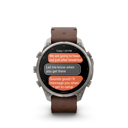 Garmin Fenix 9 Pro inReach AMOLED 47mm titanium smartwatch with walnut leather band and rugged bezel