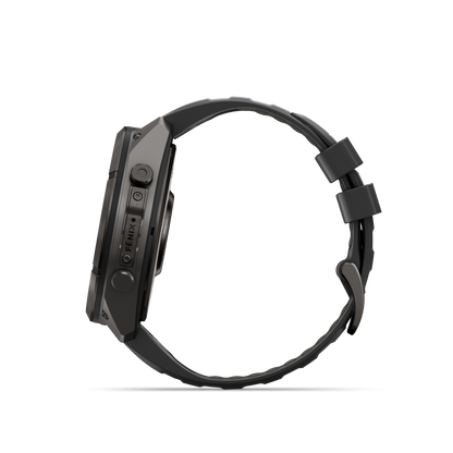 Garmin Fenix 9 Pro AMOLED 51mm DLC Titanium smartwatch with black and gray silicone band