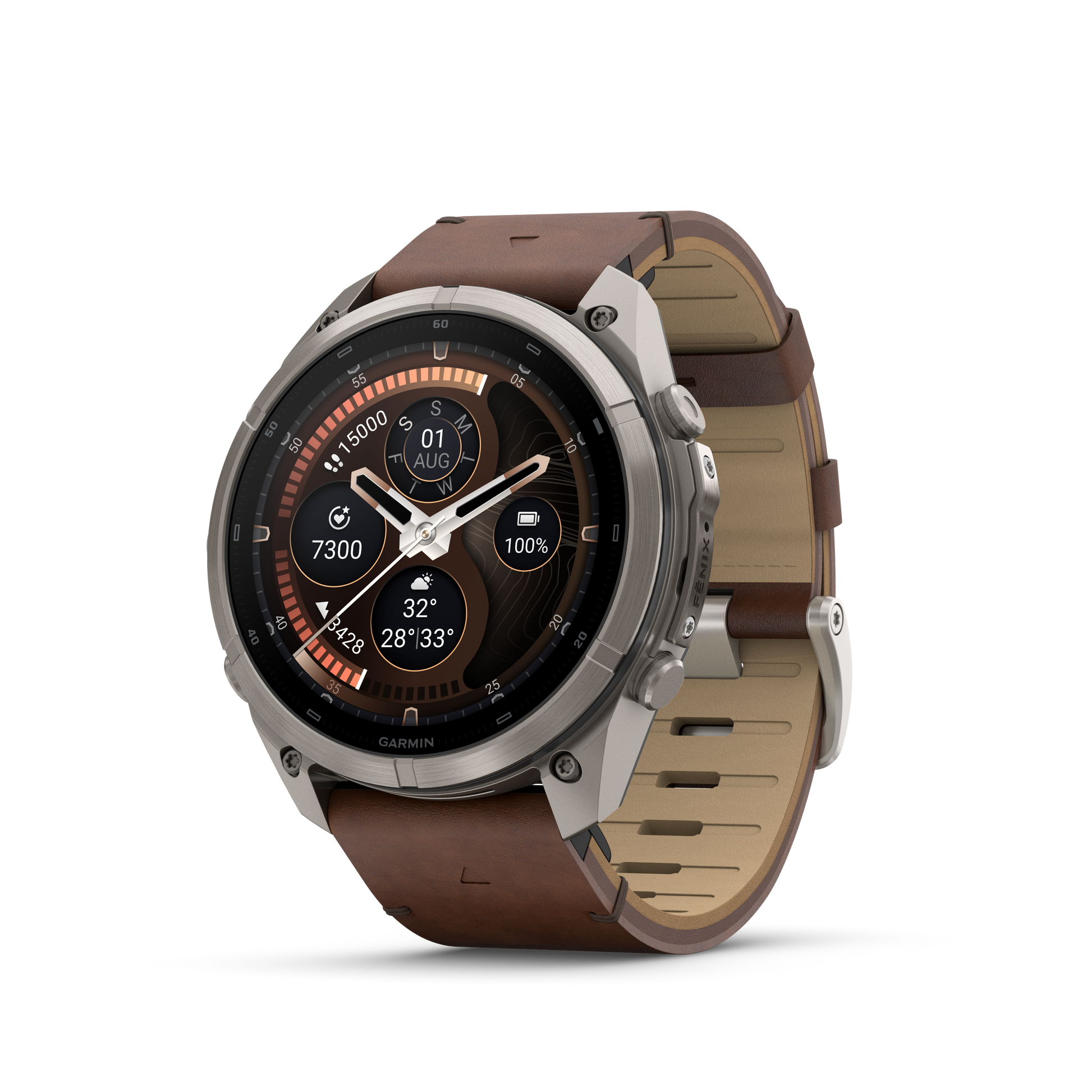 Garmin Fenix 9 Pro inReach AMOLED smartwatch with 51mm titanium case and walnut leather plus gray-silver silicone strap