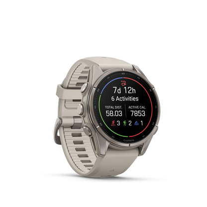 Garmin Fenix 9 AMOLED smartwatch, 43mm titanium case with gray silicone band