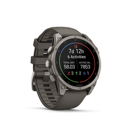 Garmin Fenix 9 AMOLED 47mm titanium smartwatch with gray silicone band