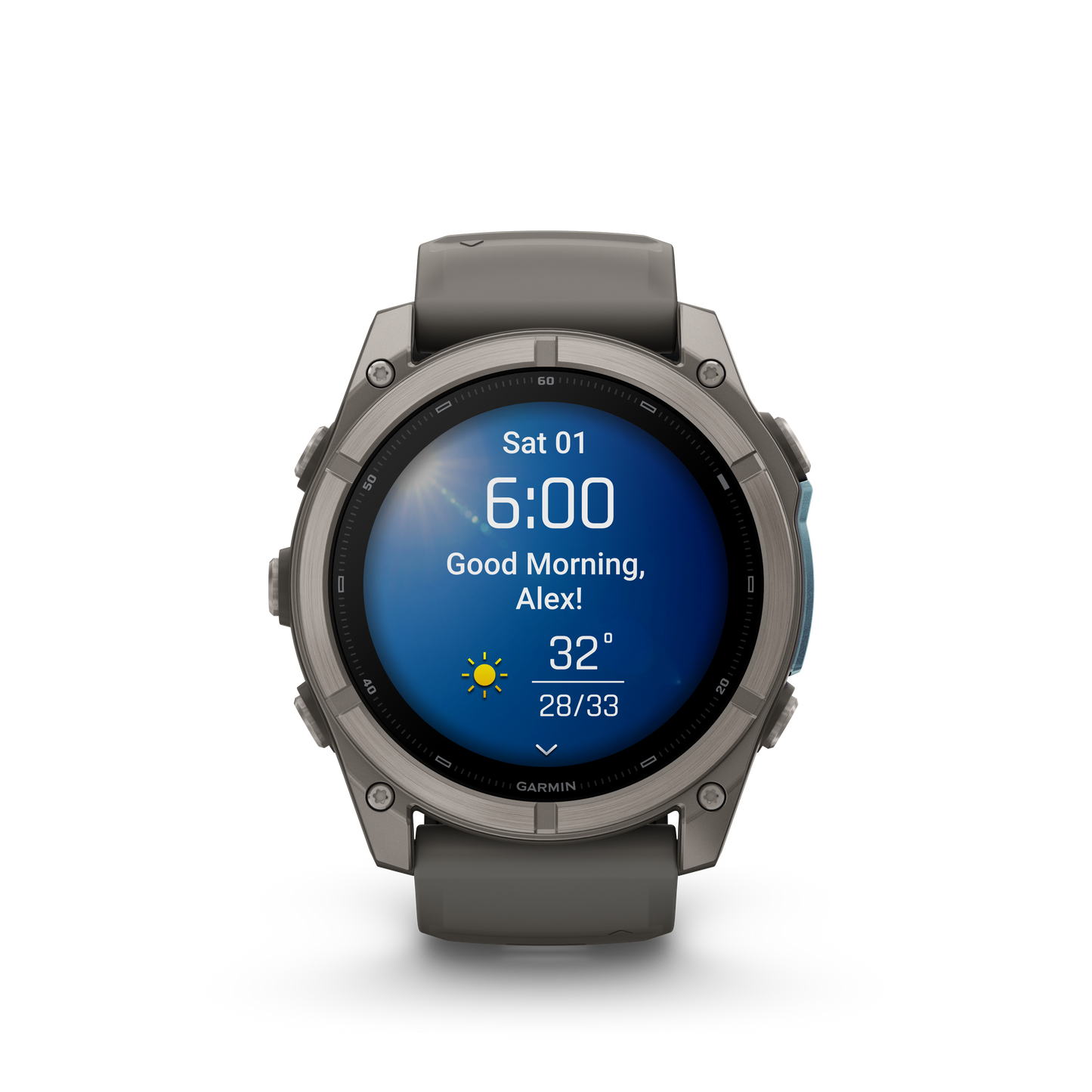 Garmin Fenix 9 AMOLED smartwatch, 51mm titanium case with gray silicone band, front view.