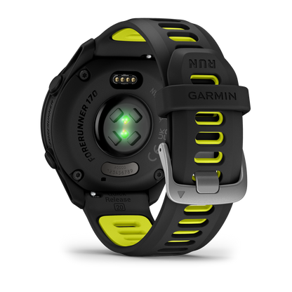 Garmin Forerunner 170 smart watch in black with yellow strap accents