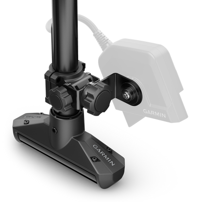 Garmin LiveScope 2 Transducer for marine fish finder; mounted on arm, white housing with Garmin branding