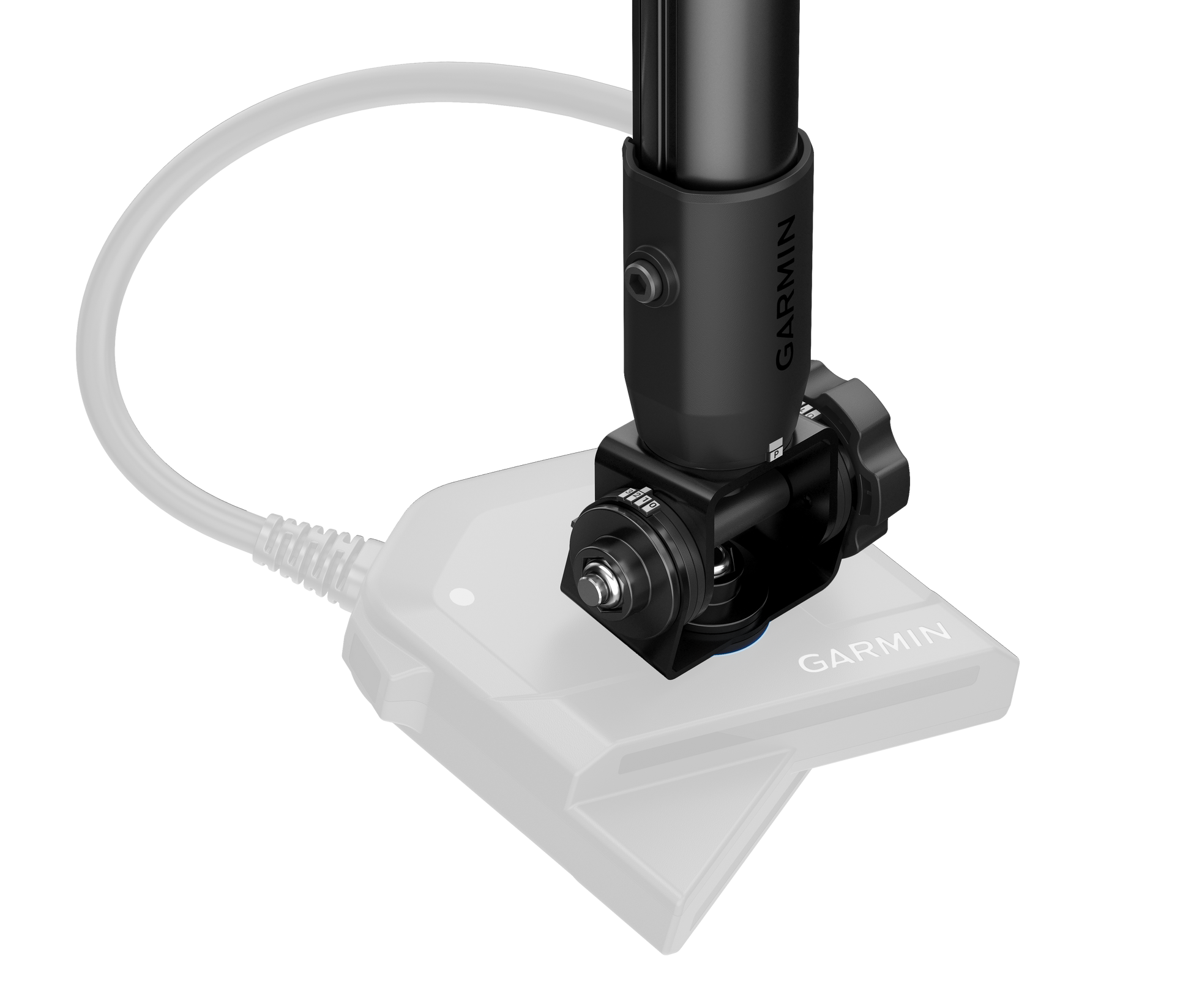 Garmin LiveScope 2 HD transducer for marine fish finders with white coil cable and black mount.