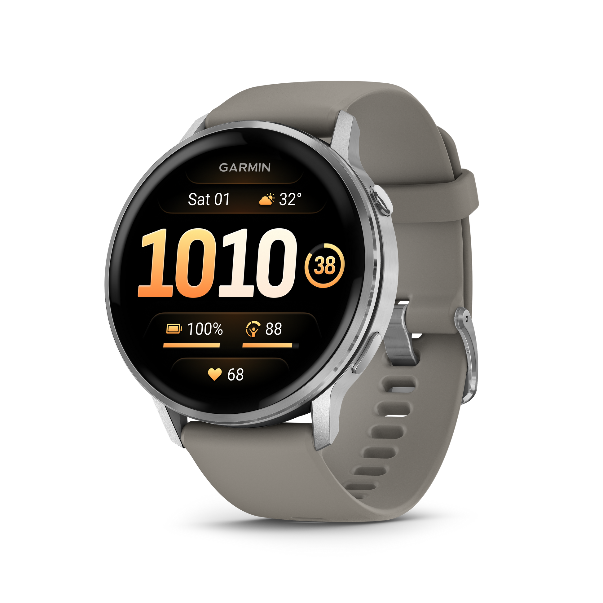 Garmin Venu 4 smartwatch, 45mm, silver bezel with gray silicone band