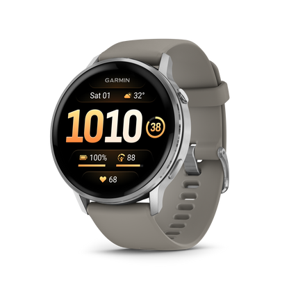 Garmin Venu 4 smartwatch, 45mm, silver bezel with gray silicone band
