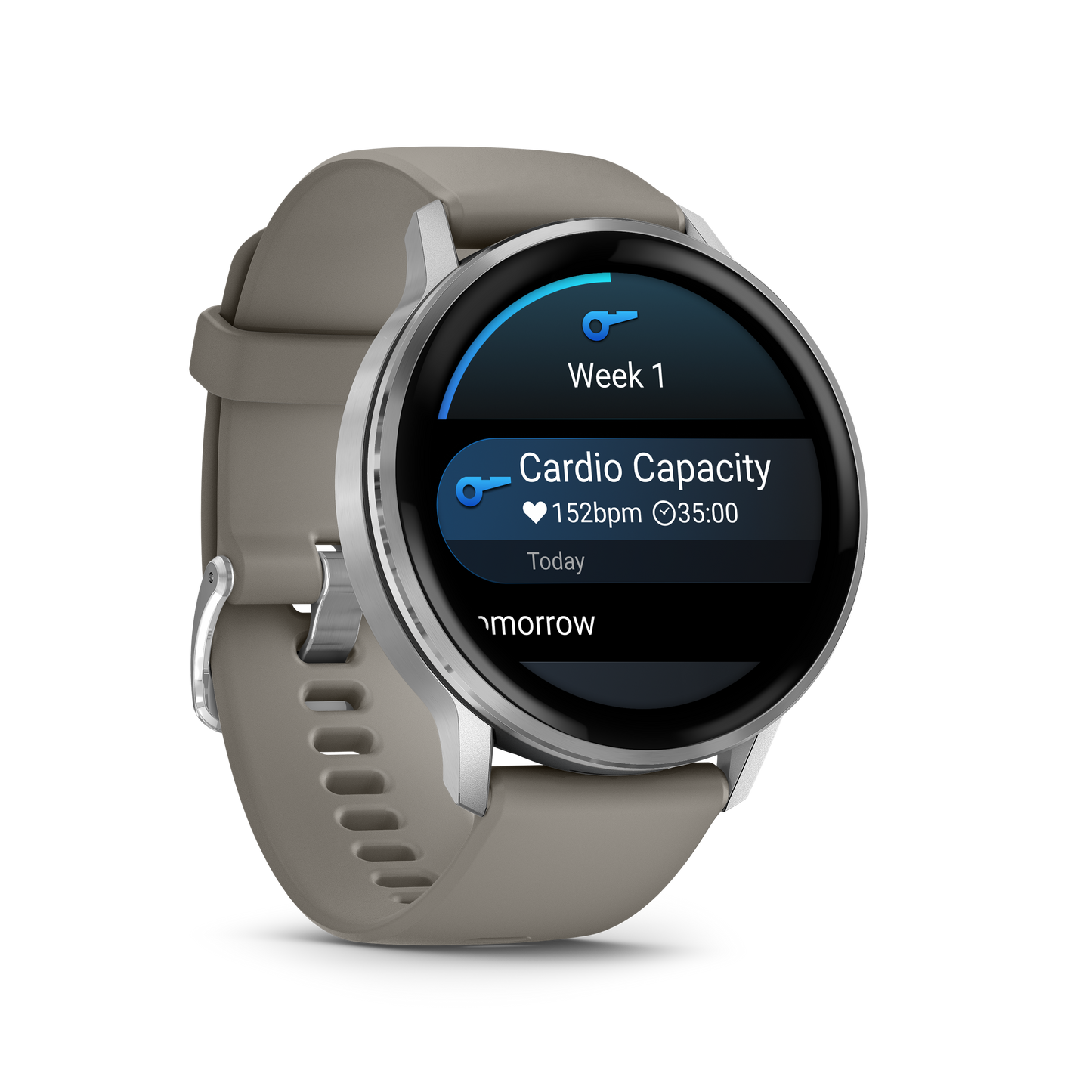 Garmin Venu 4 smartwatch, 45mm, silver case with tan silicone strap