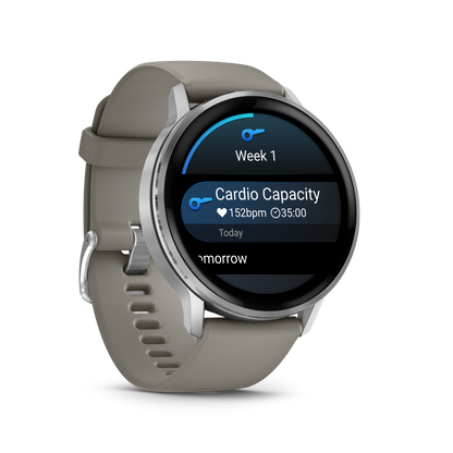 Garmin Venu 4 smartwatch, 45mm, silver case with tan silicone strap