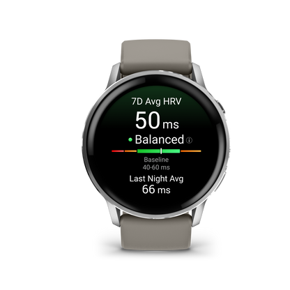 Garmin Venu 4 smartwatch, 45mm silver case with silver-gray silicone band.