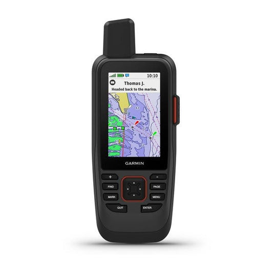 Garmin GPSMAP 86sci marine handheld in black with red accent buttons, displaying BlueChart g3 coastal charts